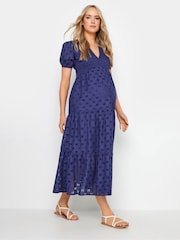 Long Tall Sally Blue Maternity Broderie Anglaise Tie Midaxi 100% Cotton Dress - Image 1 of 5