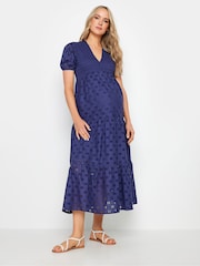 Long Tall Sally Blue Maternity Broderie Anglaise Tie Midaxi 100% Cotton Dress - Image 2 of 5