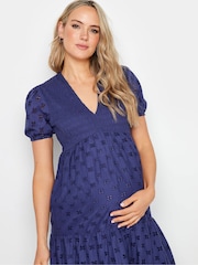 Long Tall Sally Blue Maternity Broderie Anglaise Tie Midaxi 100% Cotton Dress - Image 4 of 5