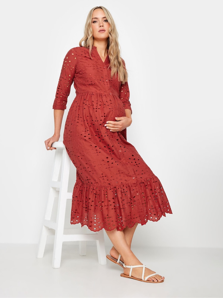 Long Tall Sally Orange Maternity Broderie Anglaise Midi 100% Cotton Dress - Image 1 of 5