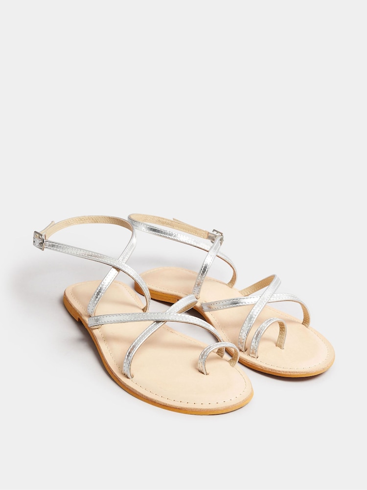Long Tall Sally Silver Cross Strap Leather Sandals In Standard Fit - Image 2 of 5