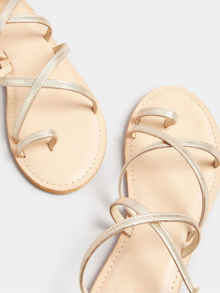 Long Tall Sally Gold Cross Strap Leather Sandals In Standard Fit - Image 5 of 5