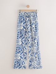 Bleu/blanc imprimé floral - Pantalon Blend lin large à taille nouée - Image 1 of 3