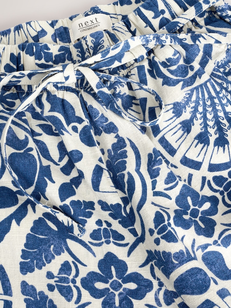 Bleu/blanc imprimé floral - Pantalon Blend lin large à taille nouée - Image 2 of 3