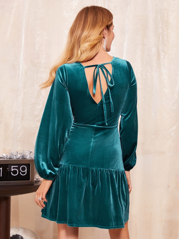Friends Like These Blue Long Sleeve Ruched Waist Velvet Mini Dress - Image 2 of 4 Friends Like These Blue Long Sleeve Ruched Waist Velvet Mini Dress - Image 2 of 4