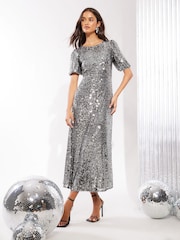 Friends Like These Silver Sequin Tie Back Puff Sleeve Empire Maxi Dress - Image 1 of 4