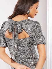 Friends Like These Silver Sequin Tie Back Puff Sleeve Empire Maxi Dress - Image 2 of 4