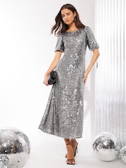 Friends Like These Silver Sequin Tie Back Puff Sleeve Empire Maxi Dress - Image 3 of 4