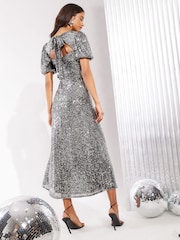 Friends Like These Silver Sequin Tie Back Puff Sleeve Empire Maxi Dress - Image 4 of 4