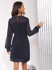 Friends Like These Navy Blue Long Sleeve Sequin Trim Mini Dress - Image 4 of 4