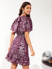 Friends Like These Purple Zebra Metallic Ruffle Sleeve Mini Dress - Image 4 of 4