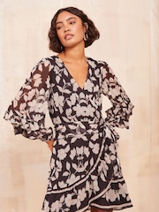 Friends Like These Cream Petite Chiffon Ruffle Wrap Mini Dress - Image 1 of 4