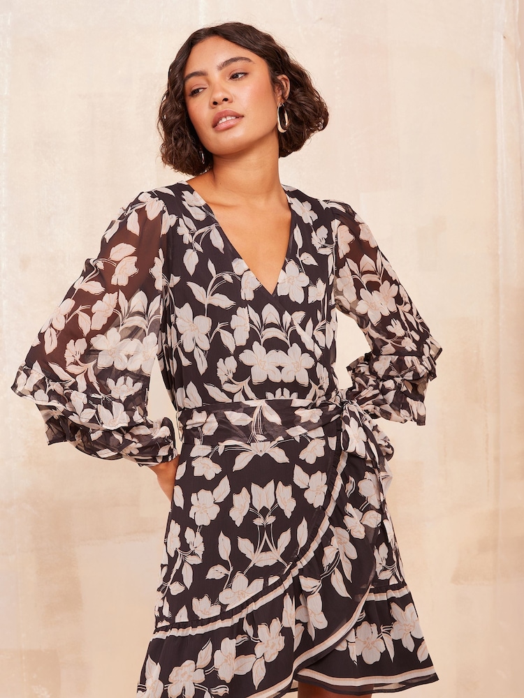 Friends Like These Cream Petite Chiffon Ruffle Wrap Mini Dress - Image 1 of 4