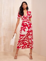 Friends Like These Red Short Sleeve Wrap Style Midi Dress With Collar - Image 1 of 4