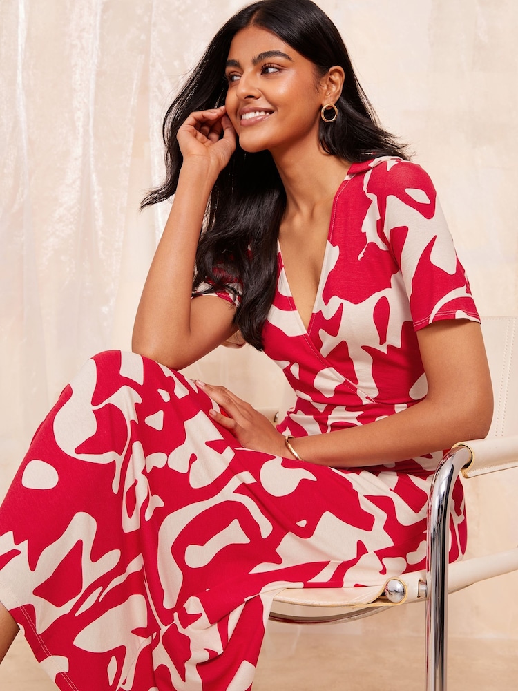 Friends Like These Red Short Sleeve Wrap Style Midi Dress With Collar - Image 2 of 4