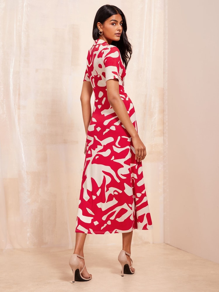 Friends Like These Red Short Sleeve Wrap Style Midi Dress With Collar - Image 4 of 4