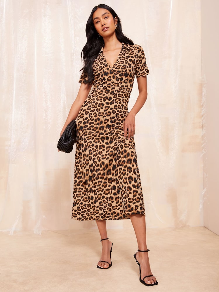 Friends Like These Leopard Animal Print Petite Short Sleeve Wrap Style Midi Dress With Collar - Image 1 of 4