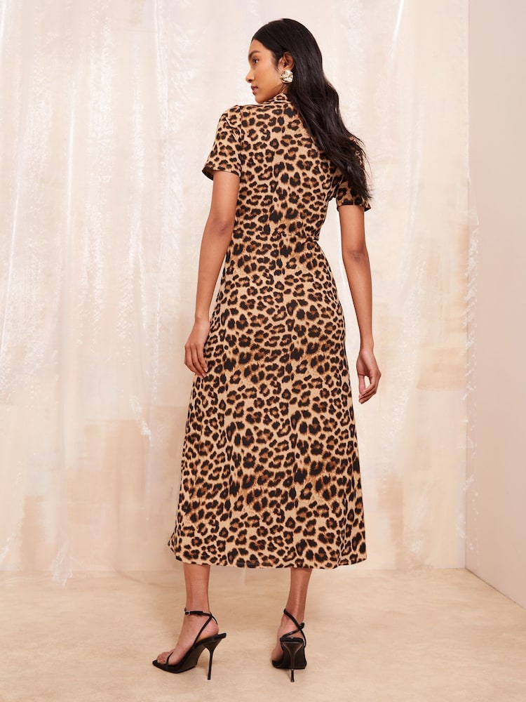Friends Like These Leopard Animal Print Petite Short Sleeve Wrap Style Midi Dress With Collar - Image 2 of 4