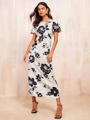 Friends Like These Ivory White Short Sleeve Puff Midi Dress With Side Split - Image 1 of 4