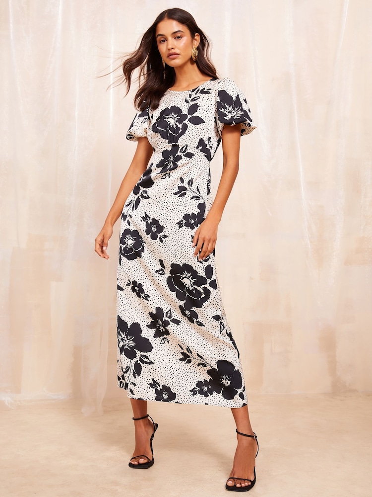Friends Like These Ivory White Short Sleeve Puff Midi Dress With Side Split - Image 1 of 4