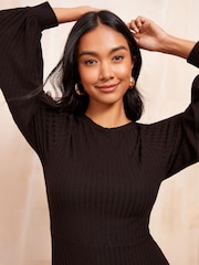 Noir - Friends Like These Manches longues Rib Batwing Mi-long Robe - Image 4 of 4