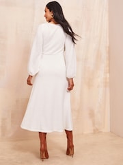 Friends Like These Cream Petite Long Sleeve Fluffy Batwing Midi Dress - Image 3 of 4