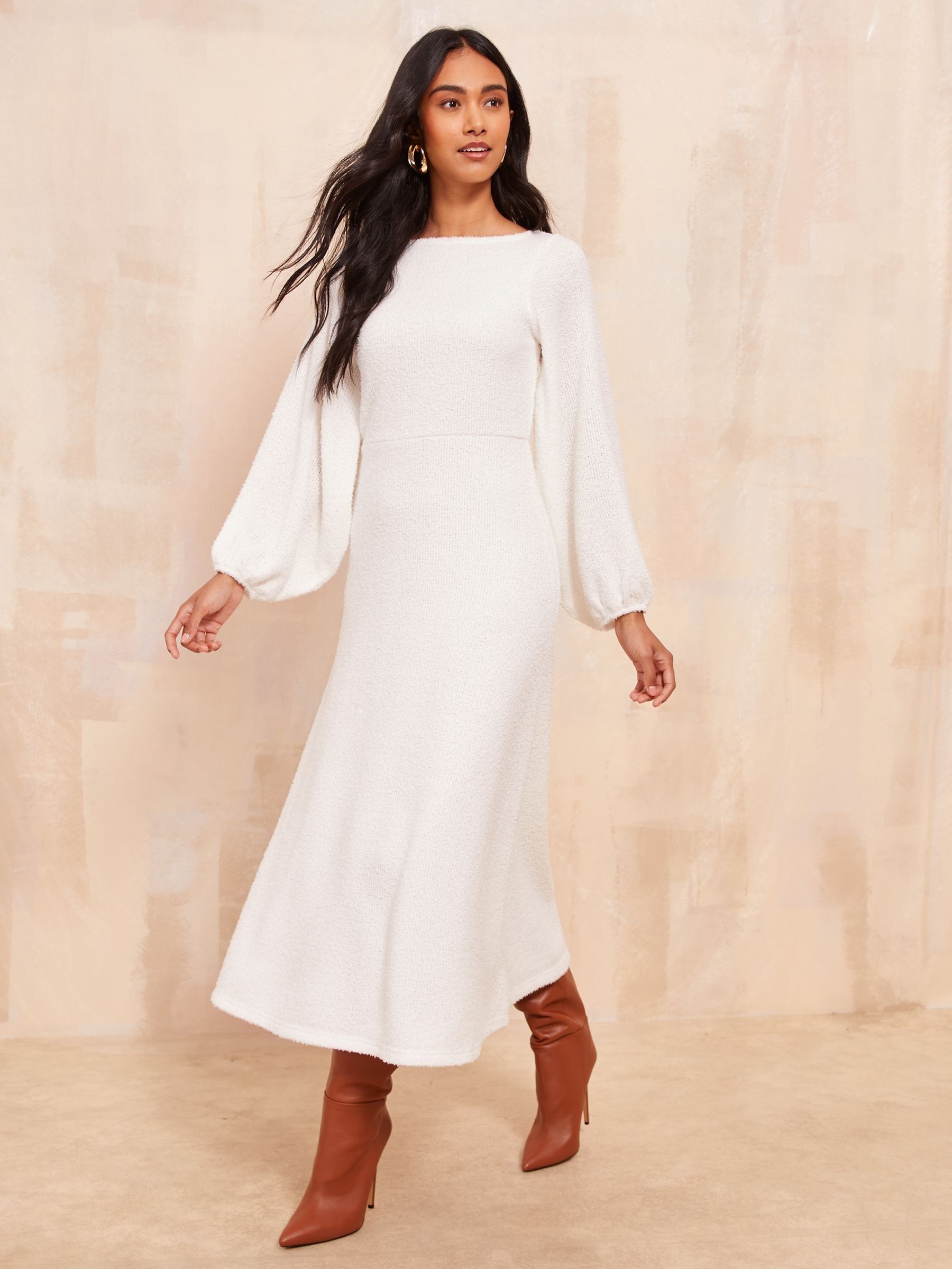 Friends Like These Cream Petite Long Sleeve Fluffy Batwing Midi Dress