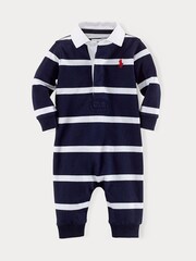 Polo Ralph Lauren Baby Boy Navy Striped Rugby Coverall 100% Cotton Jersey - Bild 1 von 2