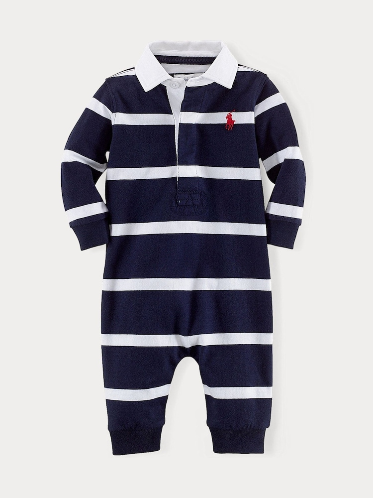 Polo Ralph Lauren Baby Boy Navy Striped Rugby Coverall 100% Cotton Jersey - Bild 1 von 2