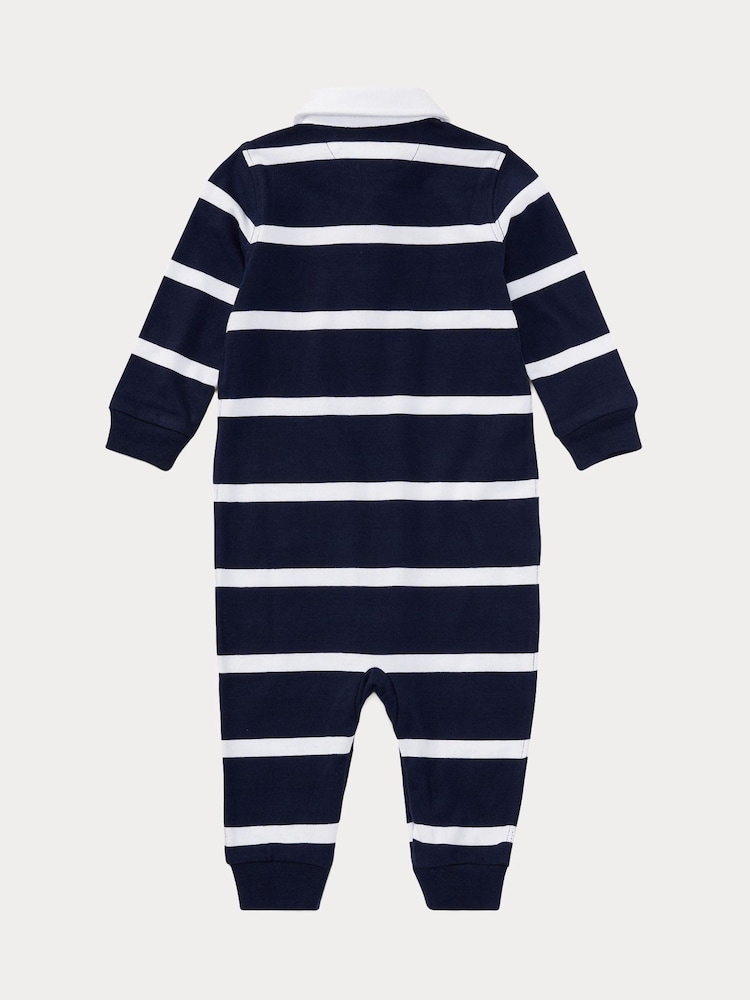 Polo Ralph Lauren Baby Boy Navy Striped Rugby Coverall 100% Cotton Jersey - Bild 2 von 2
