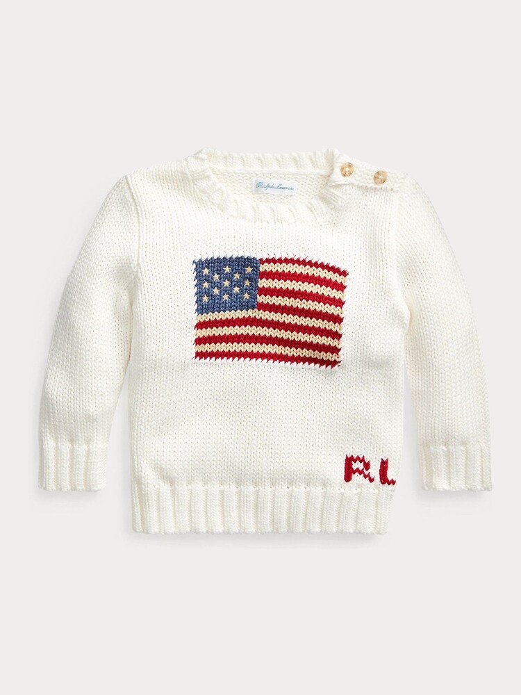 Polo Ralph Lauren Baby Boy The Iconic Flag 100% Cotton White Sweater - Image 1 of 2