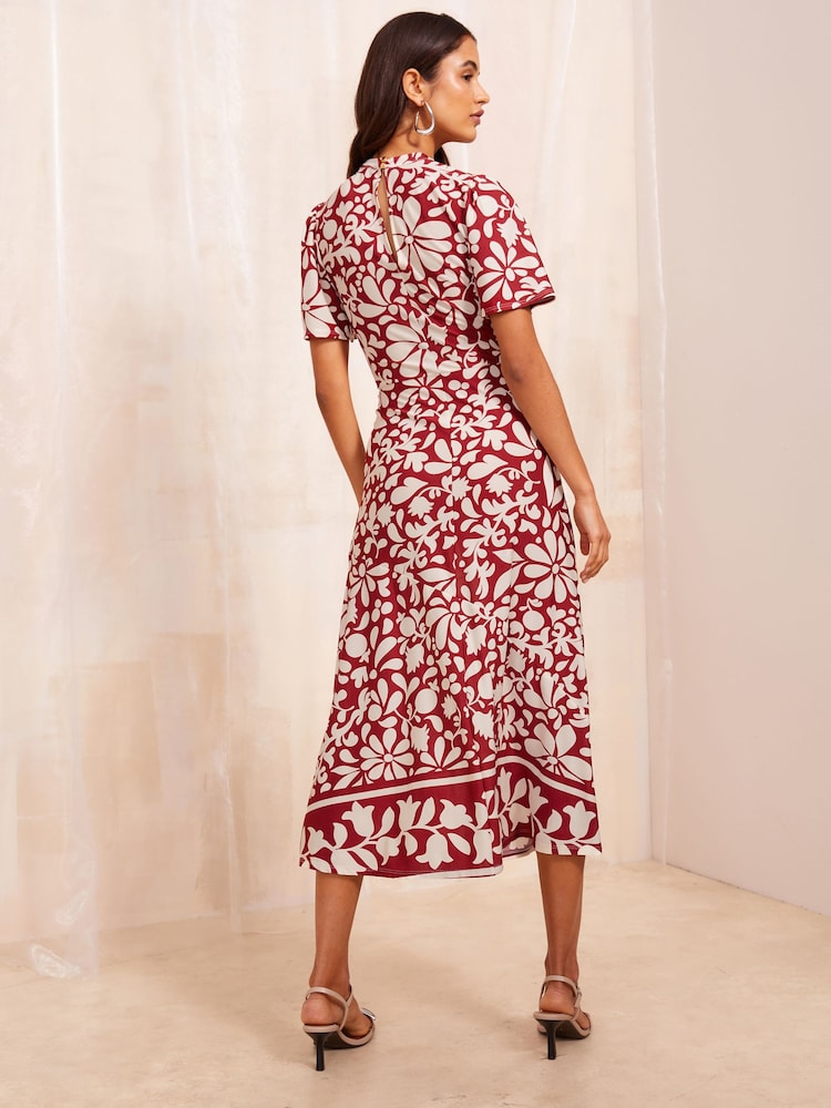 Friends Like These Burgundy Red ITY Keyhole Flutter Shortss Sleeve Printed Midi Dress - Image 2 of 4