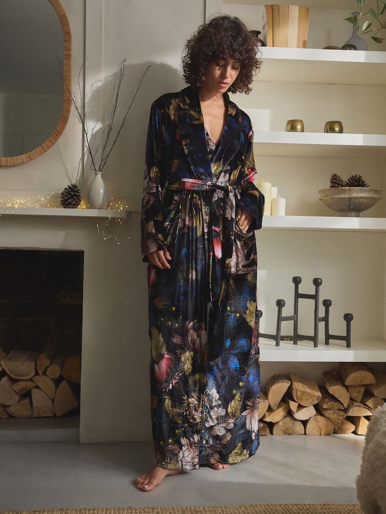 Black Floral Velvet Dressing Gown - Image 1 of 6