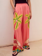 Pink Wide Leg Elastic Waist Trousers with Linen - Image 4 of 8