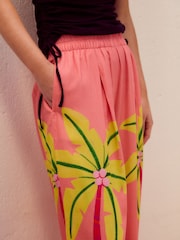 Pink Wide Leg Elastic Waist Trousers with Linen - Image 5 of 8