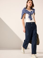 Navy 100% Cotton Cargo Barrel Leg Trousers - Image 1 of 8