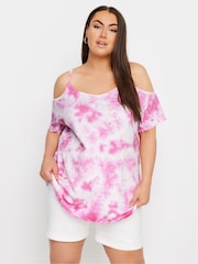 Rosa - Yours Curve Tie Dye Strappy Cold Shoulder T-Shirt - Imagen 1 de 5