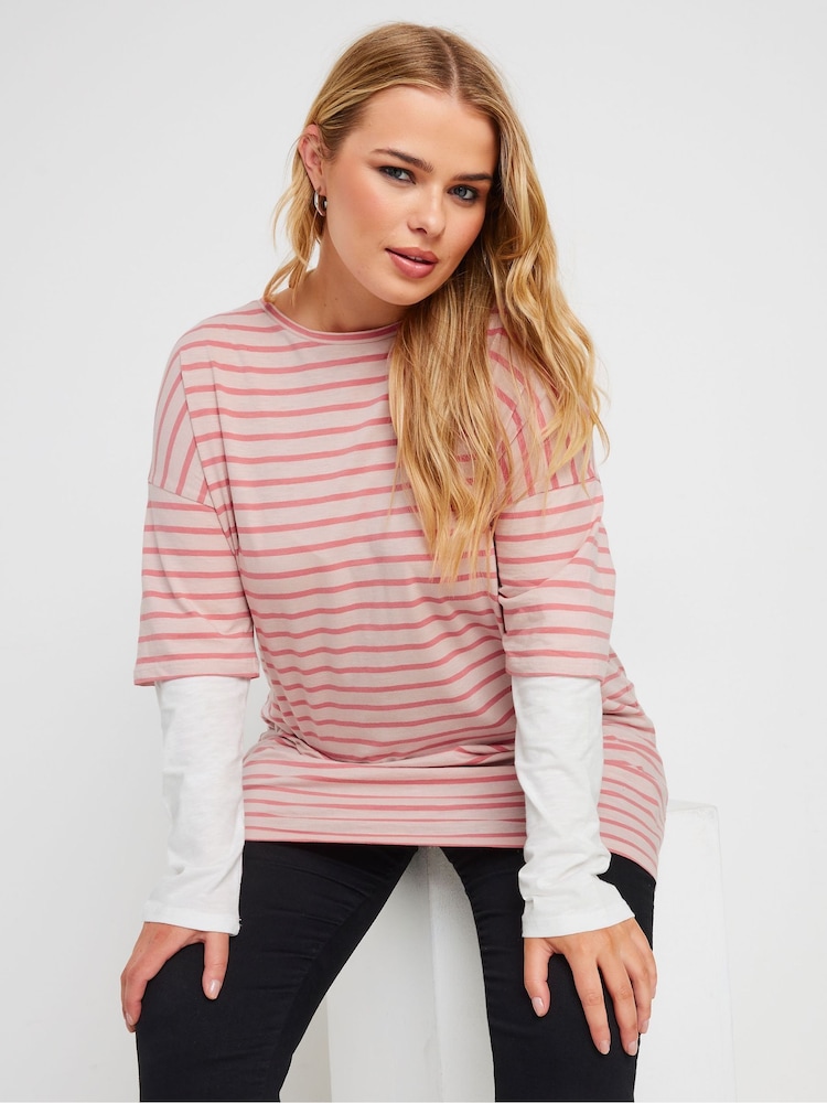 Yours Curve Pink 100% Cotton Stripe Double Layer Top - Image 1 of 5