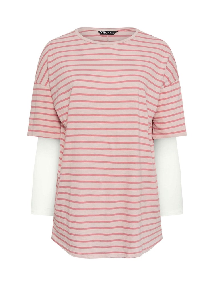 Yours Curve Pink 100% Cotton Stripe Double Layer Top - Image 5 of 5