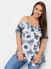 Yours Curve Blue Tie Dye Strappy Cold Shoulder T-Shirt - Image 1 of 5