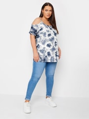Yours Curve Blue Tie Dye Strappy Cold Shoulder T-Shirt - Image 2 of 5
