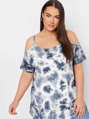 Yours Curve Blue Tie Dye Strappy Cold Shoulder T-Shirt - Image 4 of 5
