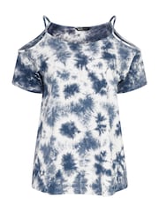 Yours Curve Blue Tie Dye Strappy Cold Shoulder T-Shirt - Image 5 of 5