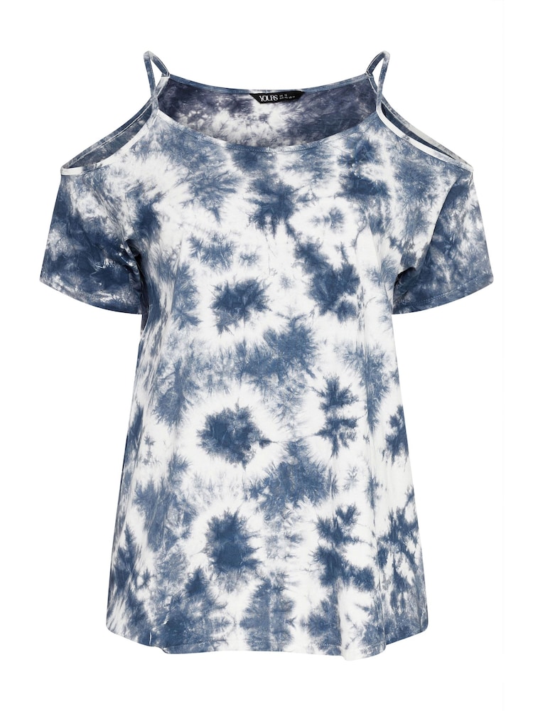 Yours Curve Blue Tie Dye Strappy Cold Shoulder T-Shirt - Image 5 of 5