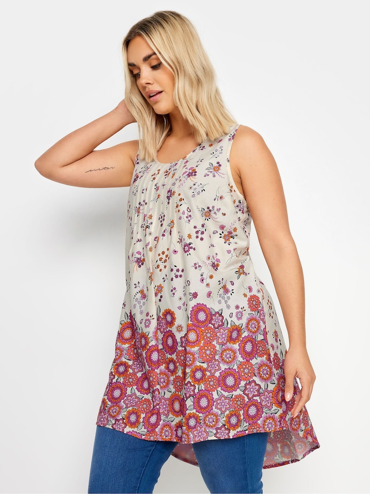 Yours Curve Natural Floral Dipped Hem Pleated Vest - Image 1 of 5