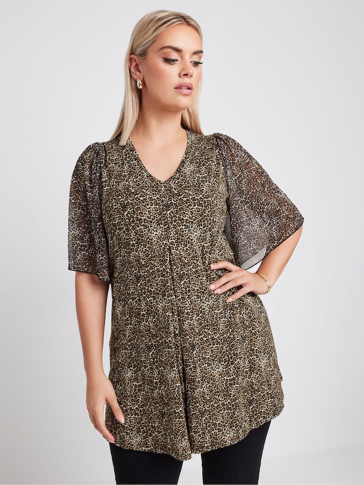 Yours Curve Brown Leopard Print Mesh Swing Top - Image 1 of 6