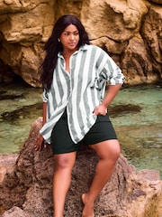 Yours Curve White Off White & Rust Orange Striped Linen Shirt - Image 1 of 5