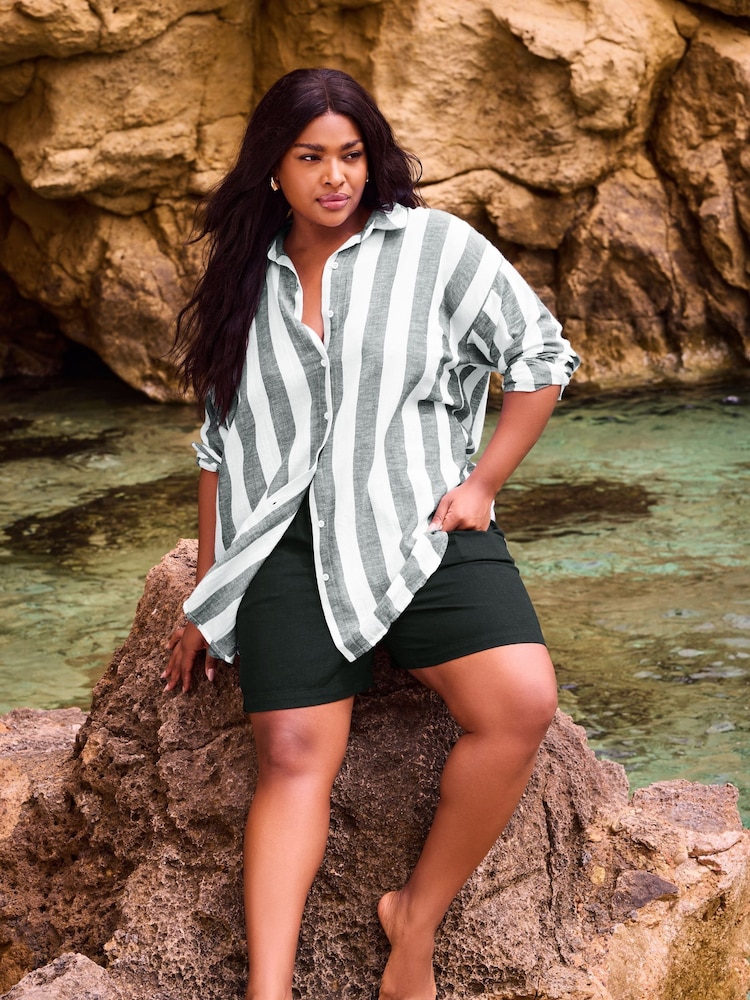 Yours Curve White Off White & Rust Orange Striped Linen Shirt - Image 1 of 5