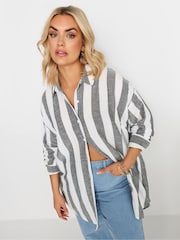 Yours Curve White Off White & Rust Orange Striped Linen Shirt - Image 2 of 5