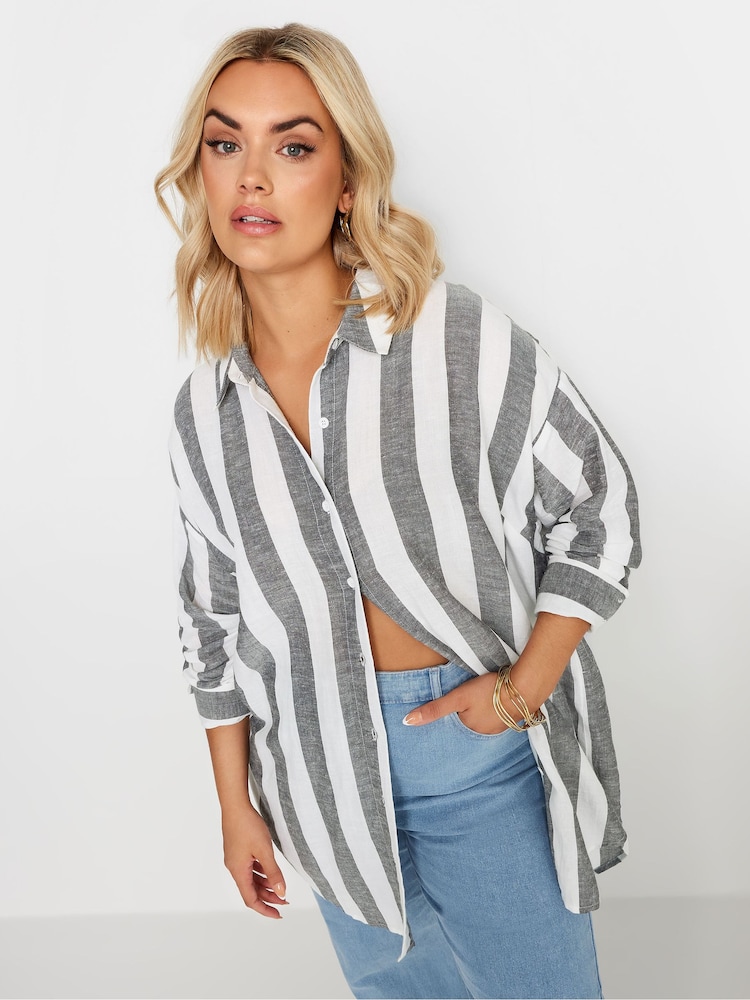 Yours Curve White Off White & Rust Orange Striped Linen Shirt - Image 2 of 5